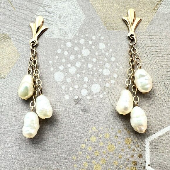 Womens Earrings 14K Yellow Gold Pearl Drop 1 1/4 Inch Chandelier Pierced Gift fo - Picture 1 of 4